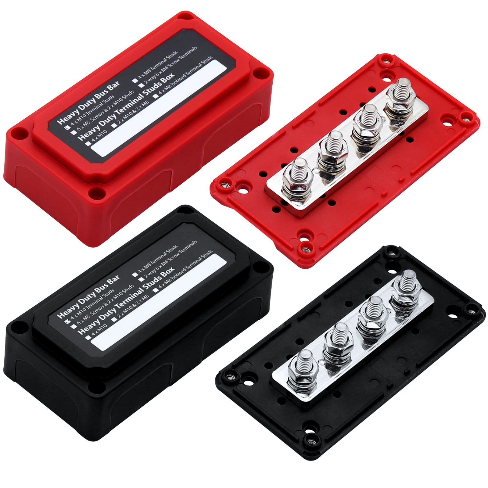 Heavy Duty Bus Bar Box M8 300A with 4 Terminal Studs Power Distribution Box  Block Boating Fishing Battery Switches Busbars 12v-24v Max 48V (Red)