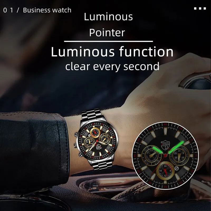 Reloj de pulsera de cuarzo de acero inoxidable para hombre, cronógrafo de pulsera de cuero luminoso con fecha informal, de negocios, a la moda - Imagen 3