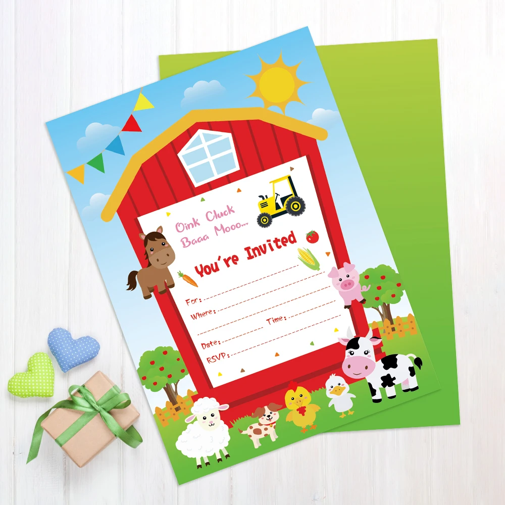 24pcs Cartoon Farm Animals Milk Cow Pig Chick Theme Invitation Cards with Envelopes Baby Shower Birthday Party Wedding Supplies