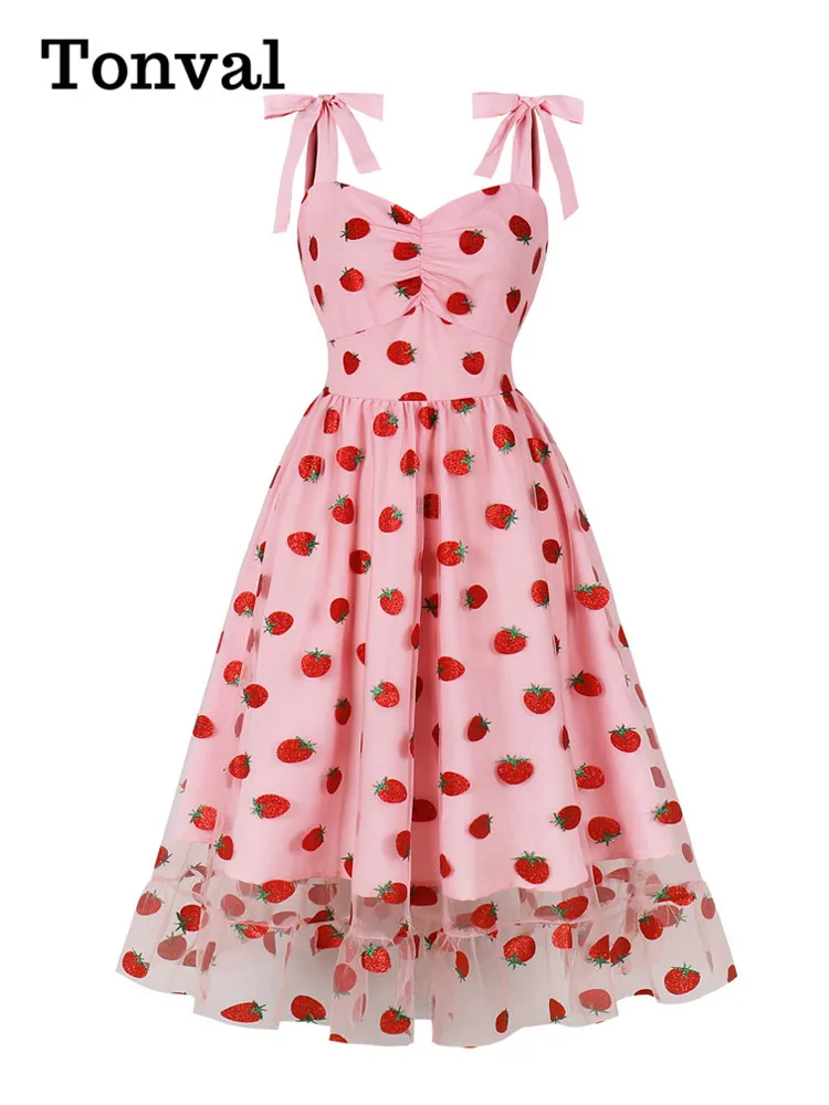 Tonval Sweetheart Neck Strawberry Mesh Long Dresses for Women