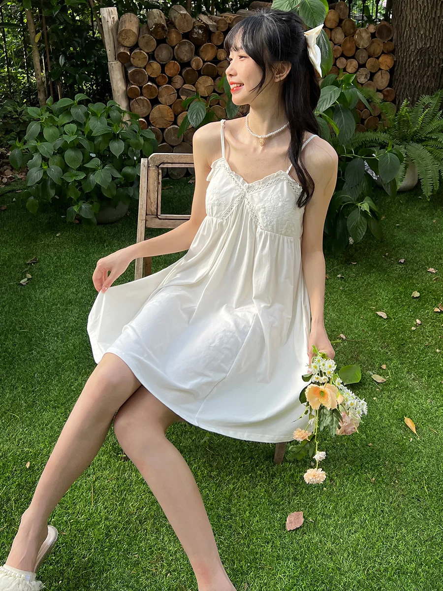 Summer thin cotton suspender nightdress women's summer lace sexy pure backless white cotton pajamas with chest pads