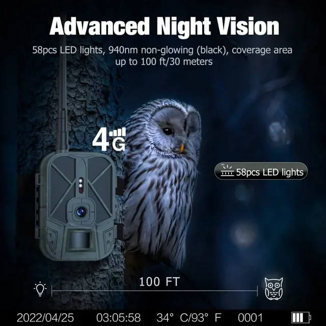 HC-940Rro Hunting Camera Night Vision 4K 30FPS 36MP APP Control IR Trail Camera 4G IP65 Waterproof 2.4'' LCD 58pcs IR Leds 940nm 3