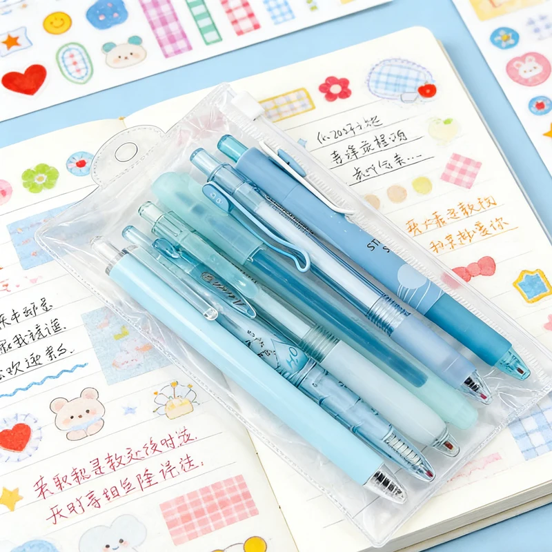 6Pcs 귀여운 핑크 개폐식 젤 펜 형광펜 세트 0.5mm 검정 잉크, 카와이 미적 학교 문구 세트 볼펜