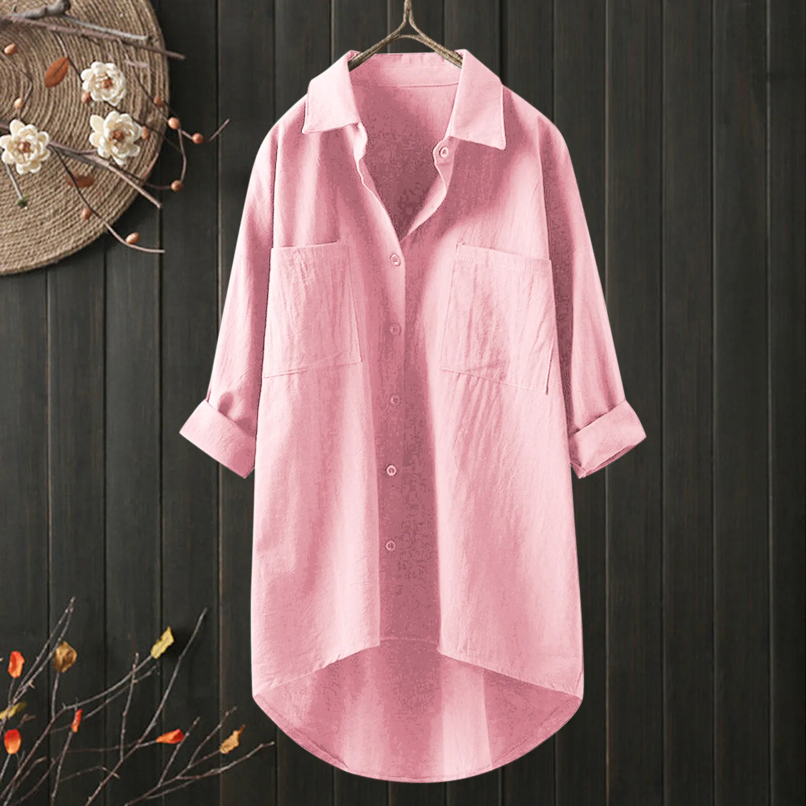 

Pink Shirts For Womens Button Down Long Shirts Cardigan Solid Classic Long Sleeve Collared Work Blouses Tops Baggy Sunscreen