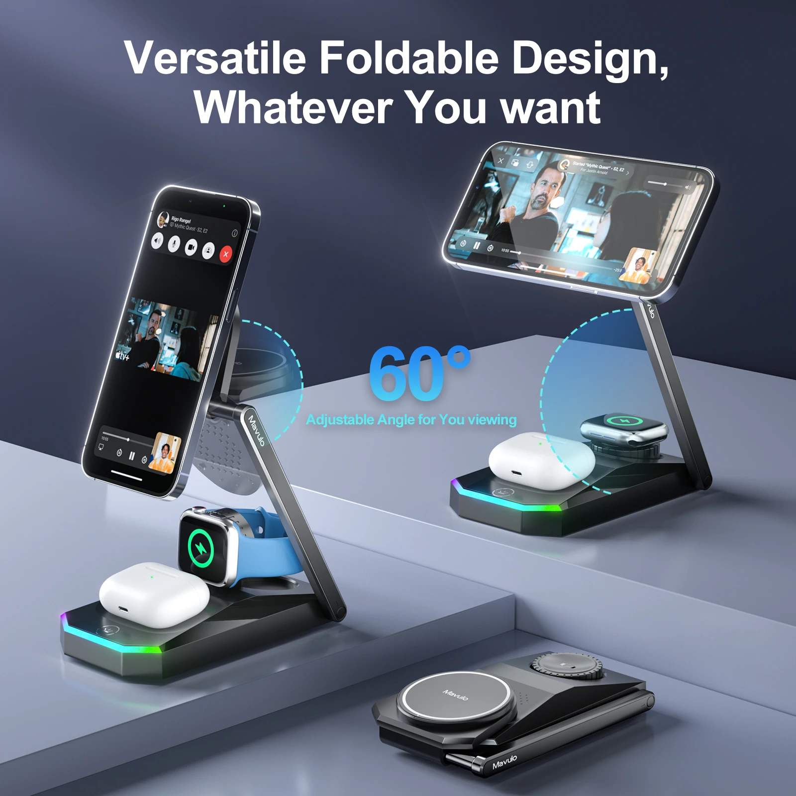 Foldable 3 in 1 Charging Station for iPhone 16 15 14 13 12 Pro Max Fast Wireless Charger Stand for Apple Watch,AirPods Series - Image 3