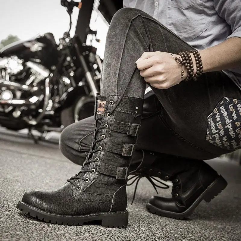 

Men Vintage Motorcycle Boot Punk Boots Black Round Toe Leather Lace Up Street Collection High Top Worksafe Shoes Botas De Hombre