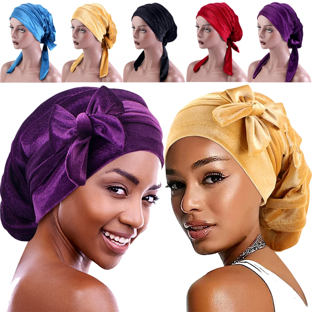 

African Women Velvet Ribbon Turban Chemo Cap Winter Warmer Hat Baggy Slouchy Bonnet Hair Care Headwear Muslim Hijab Headscarf