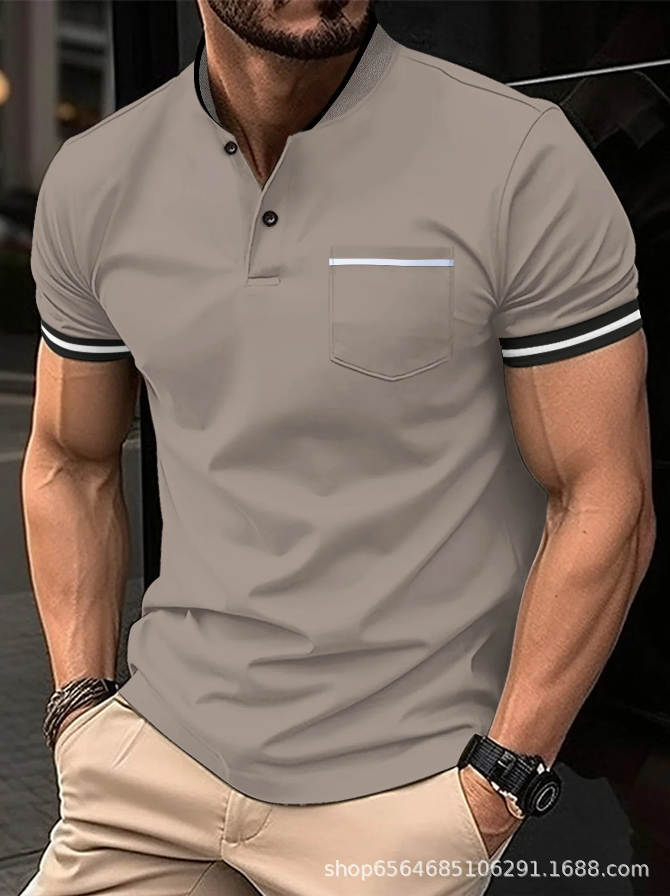 

2024 New Men's European and American Fashion Short-Sleeved polo Shirt Pocket Button Casual Office polo Shirt