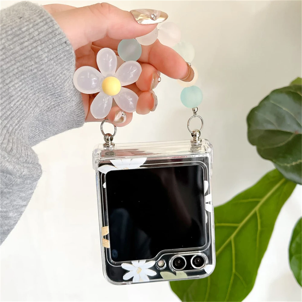 Cute Colorful Floral Clear Phone Case with 3D Flower Bead Chain