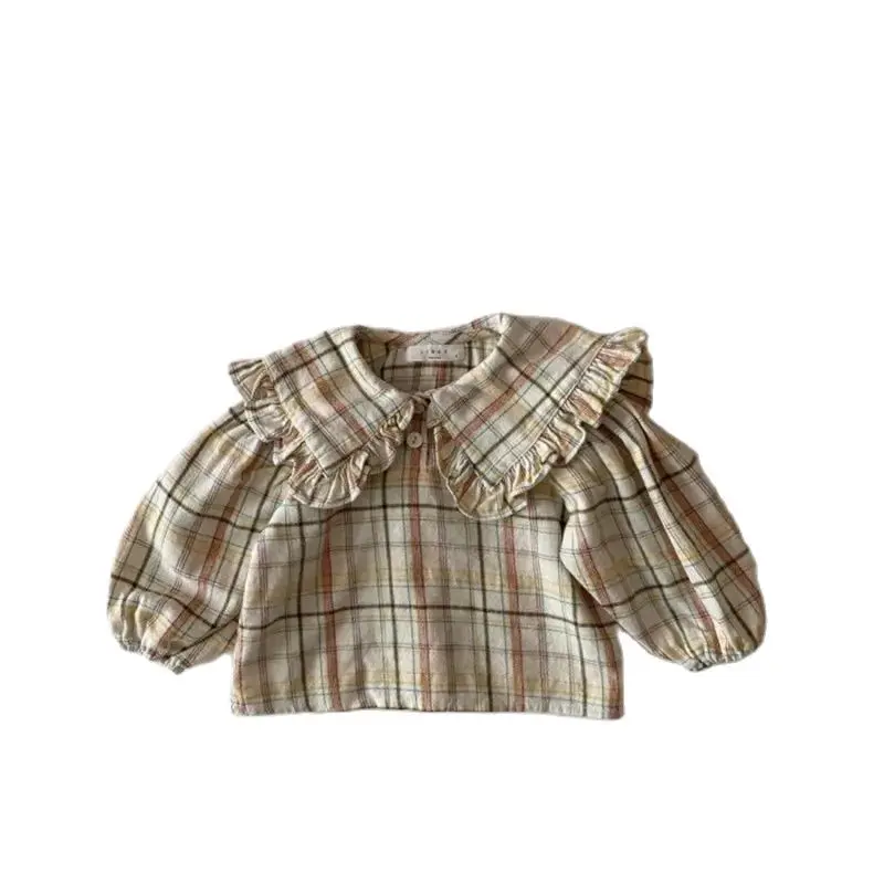 Autumn Toddler Baby Girls Shirt for 1-5Y Full Sleeve Cotton Doll Collar Kids Girls Plaid and Solid Blouse Tops Clothing