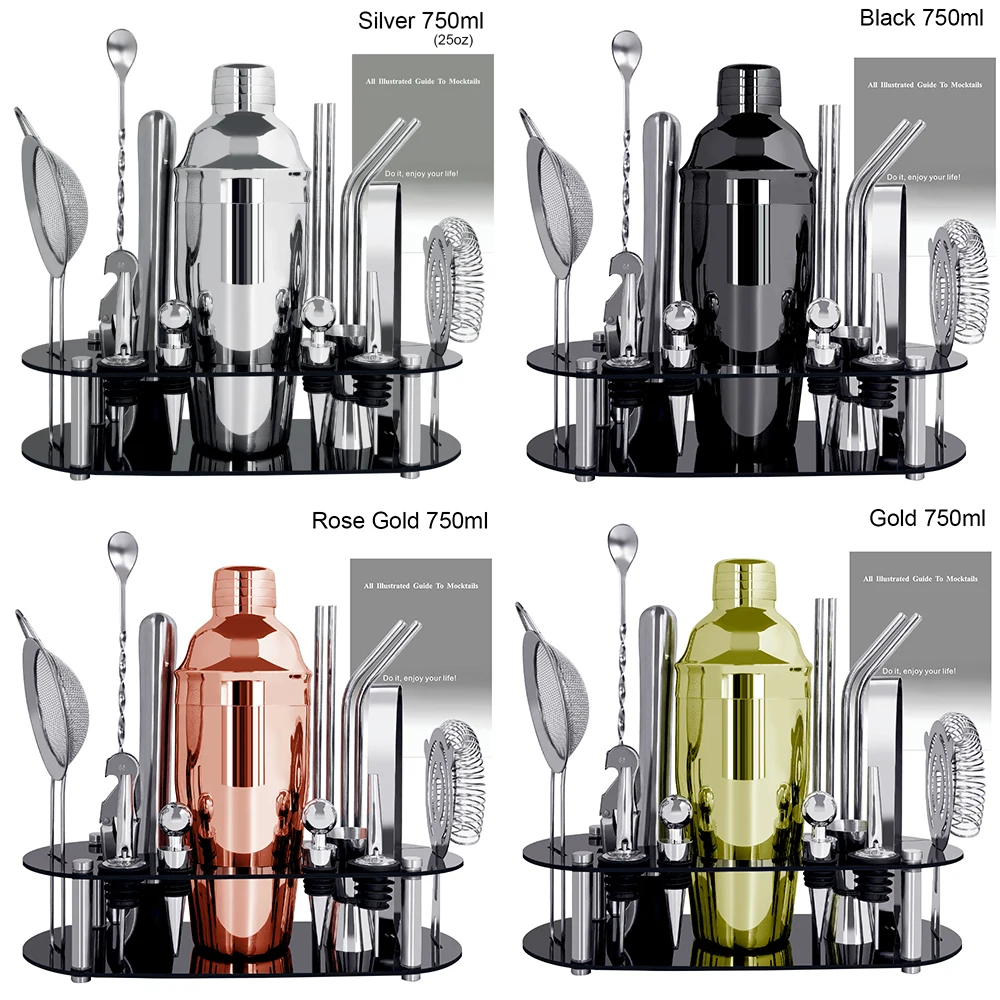 16Pcs Cocktail Shaker Set with Stand Cocktail Recipe, 750/600ml Boston Shakers, Jigger, Muddler,Pourer, Strainer, Spoon