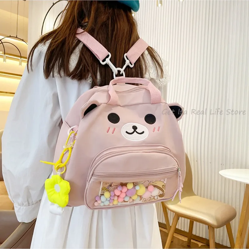 Women Pink Cute Ita Backpack With Bear To School Clear Bag Kawaii For