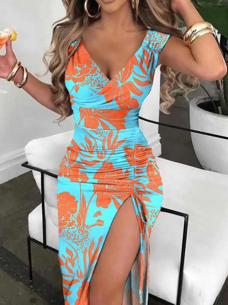 Vestidos Para Mujer 여성 프린트 여름 원피스, 브이넥 우아한 캐주얼 의류, 민소매 타이트 피팅, 해변 파티, 2024