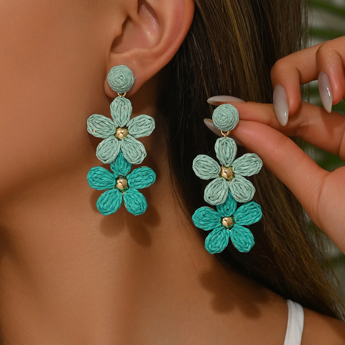 Bohemia Sweet Colorful Raffia Layered Flower Earrings for Women Girls Summer Handmade Rattan Knit Drop Earrings Holiday Jewelry