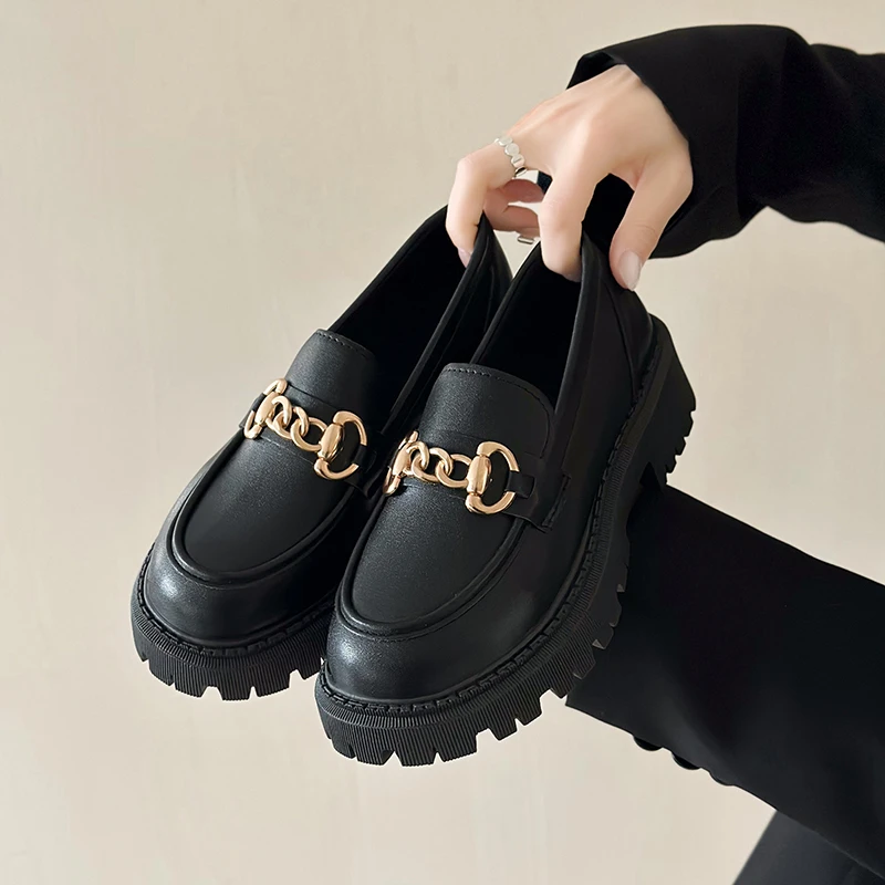 loafers Female Shoes Women Fashion Mary Janes Round Toe Flats Loafers Oxfords Platform Casual Metal Chain Buckle Ladies Heels