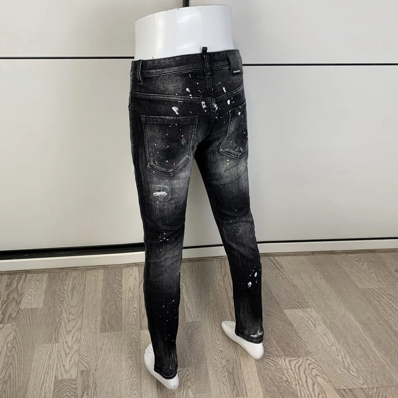 Street Fashion Men Jeans Retro Black Gray Vintage Stretch Slim Fit Ripped Jeans Men Painted Designer Hip Hop Brand Pants Hombre