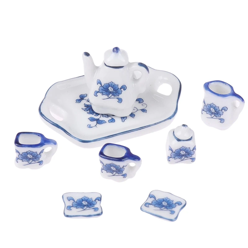 

1 Набор 1:12 миниатюрный керамический чайный набор для кукольного домика, чайник, чашка, поднос, Цветочная посуда, кухонный декор, игрушка, аксессуары для кукольного домика