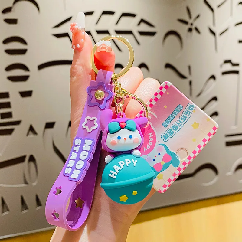 Bunny Keychain Gradient Color Cartoon Stainless Bell Rainbow Colors  Decorate Bow-knot Phone Car Couple Gift Bunny Bag Pendant Collection  Supply,Black 