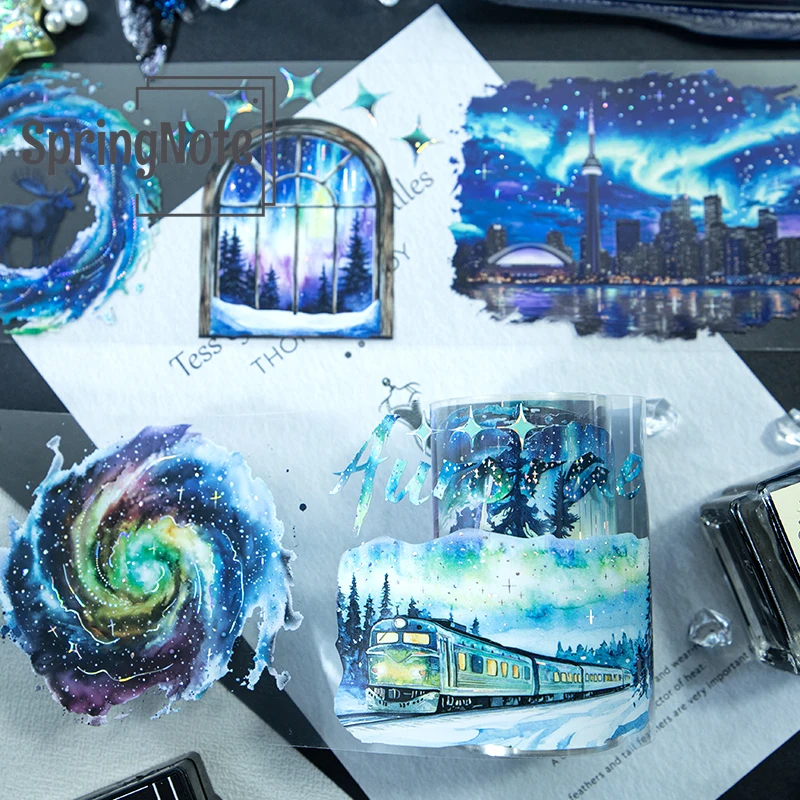 2m Holographic Silvery Transparent PET Masking Tape Blue Aurora Decorative Tape For Card Making Scrapbooking Journal  Loop:100cm 3