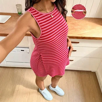 Dress for Pregnant Women Maternity Clothes Spring Summer Pregnancy 2pcs Sleeveless Striped Top Casual Knitted Shorts Set