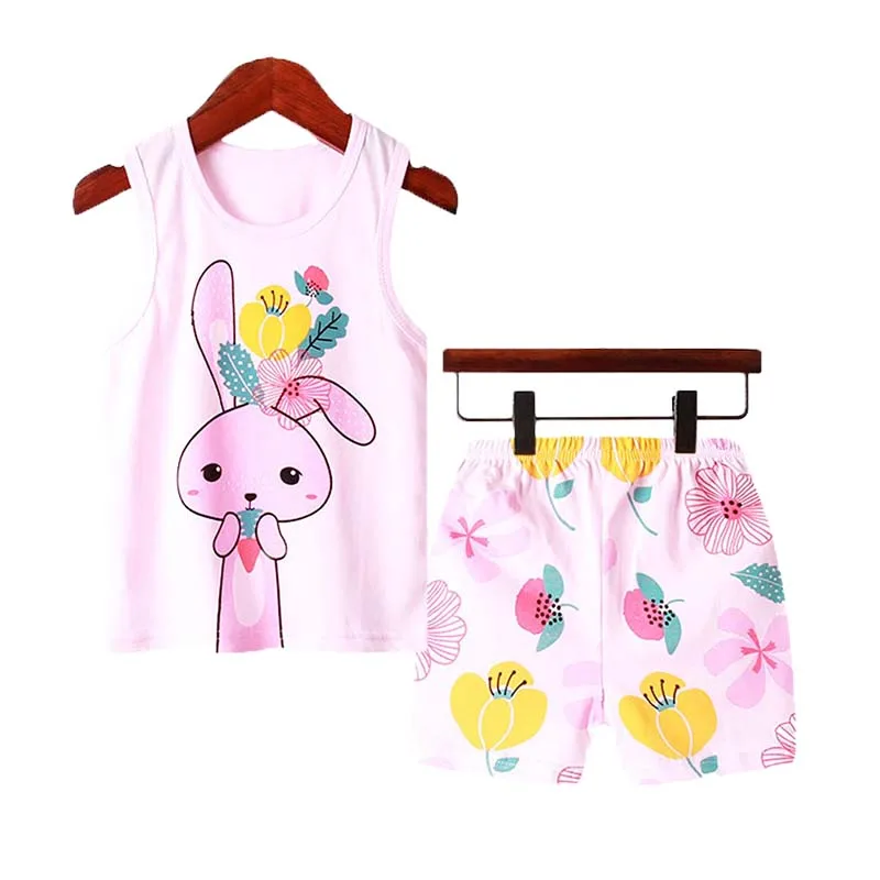 Little Girl Pajamas Cotton Sets for Kids Toddlers 1 to 3 4 5 6 7 8 9 10 Years Pink Rabbit Girl Sleepwear Two Piece Summer Pyjama