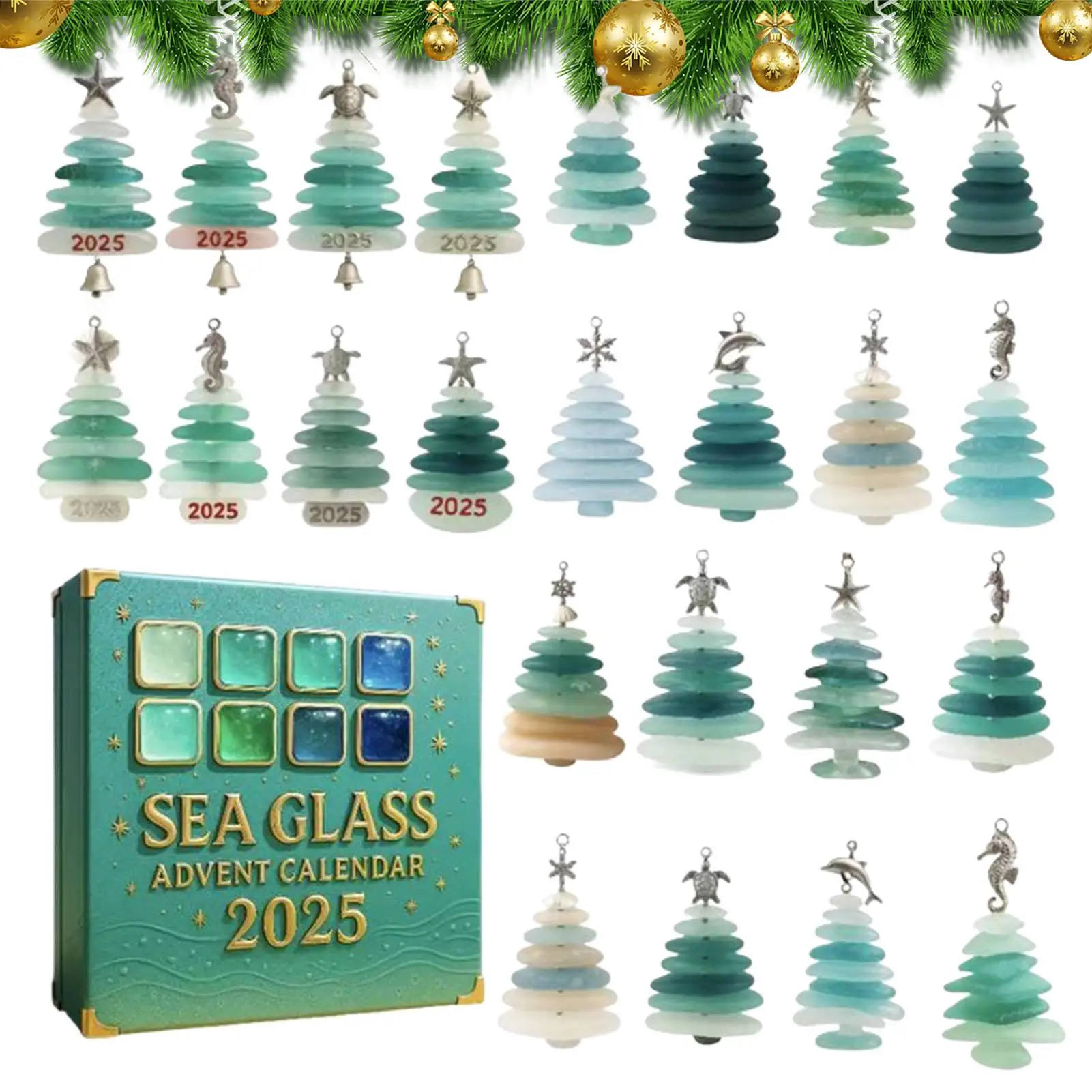 Christmas Countdown Calendar 2D Acrylic Ornament 24 Days Sea Glass Christmas Ornaments Advent for Home Window Wall Decoration