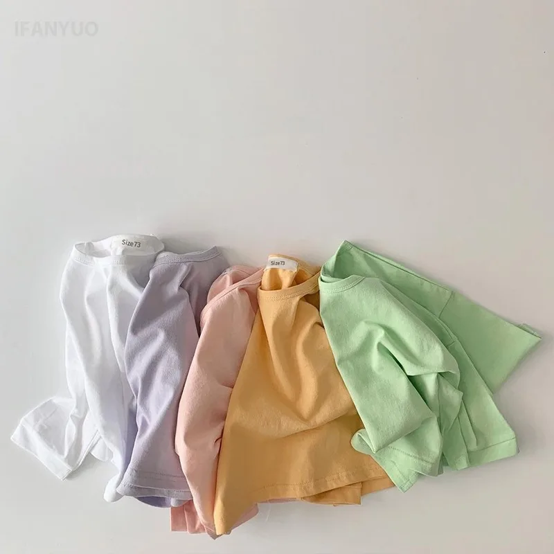 0-4Y New Baby Shirt Korean Infants Young Children's Long Sleeved Base T-shirt Candy Color Cotton Boys Girls Round Neck Tops