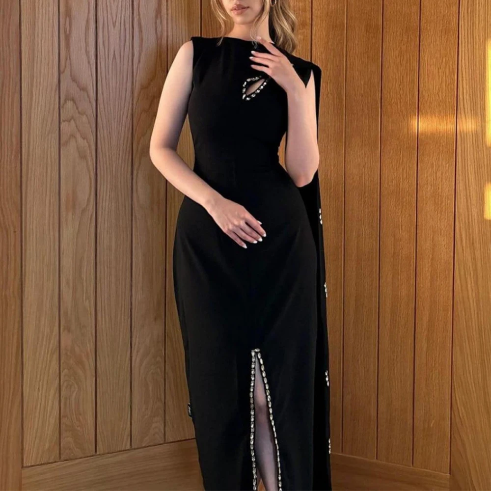 

Flechazo Black Jersey Evening Dress Sheath Floor Length Sleeveless Front Slit with Crystal Women Custom Made Party Gowns