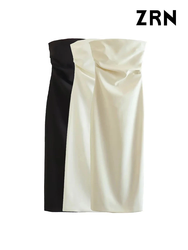 ZRN Women Fashion Strapless Gathered Midi Dress Sexy Straight Neck Back Slit Female Dresses Vestidos Mujer