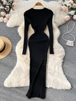 SINGREINY Winter Women Knit Maxi Dress O Neck Autumn Long Sleeve Slim Solid Harajuku Ladies Fashion Pencil Sweater Long Dresses 4