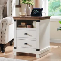 Farmhouse Nightstand with Charging Station,18" Rustic Night Stand with 2 Storage Drawers,Wood End Table for Bedroom, Living Room 1