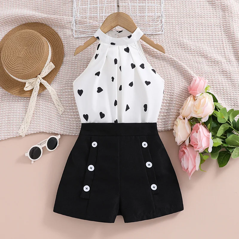 XUANMU 2pcs Toddler Girls Floral Halter Top & Button Detail Shorts Set Kids Summer Clothes X029A_viptrois.com