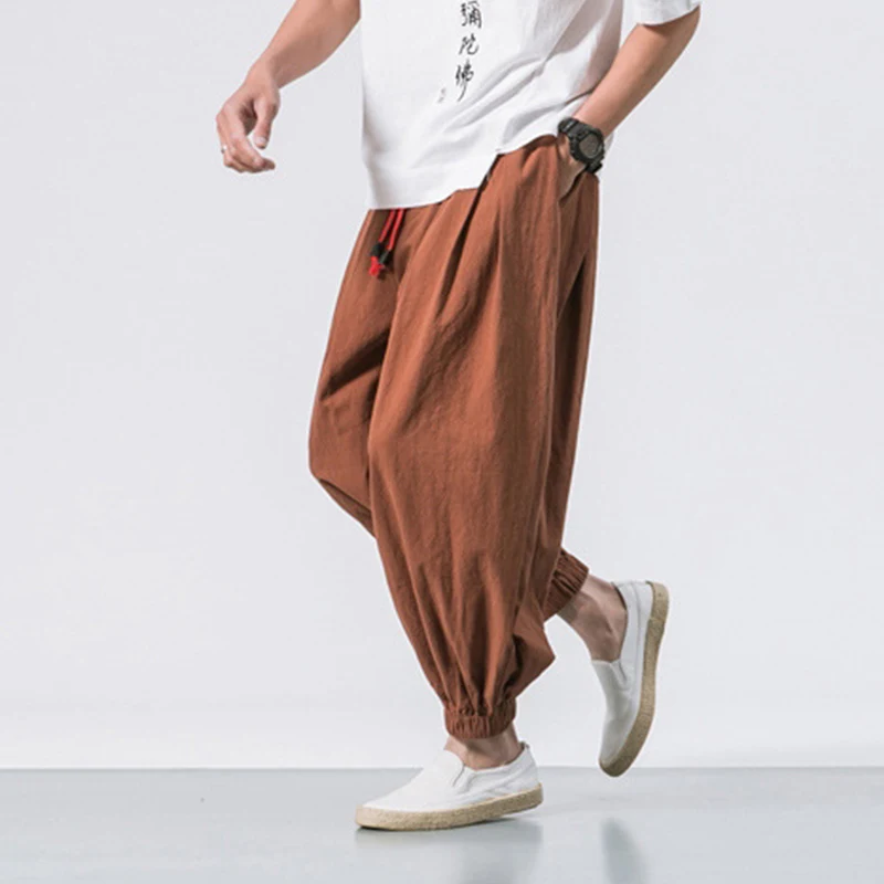 Cotton Linen Harem Pants Men Solid Elastic Waist Streetwear Joggers 2023 New Baggy Drop-crotch Pants Casual Trousers Men 4