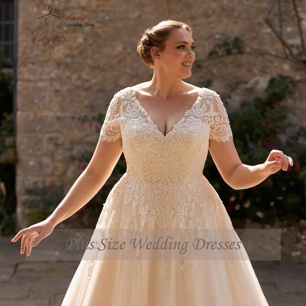 Classic Wedding Dresses Plus Size V Neck Short Sleeves Bride Gowns Appliques Sweep Train Tulle A-Line Vestidos De PSL980015