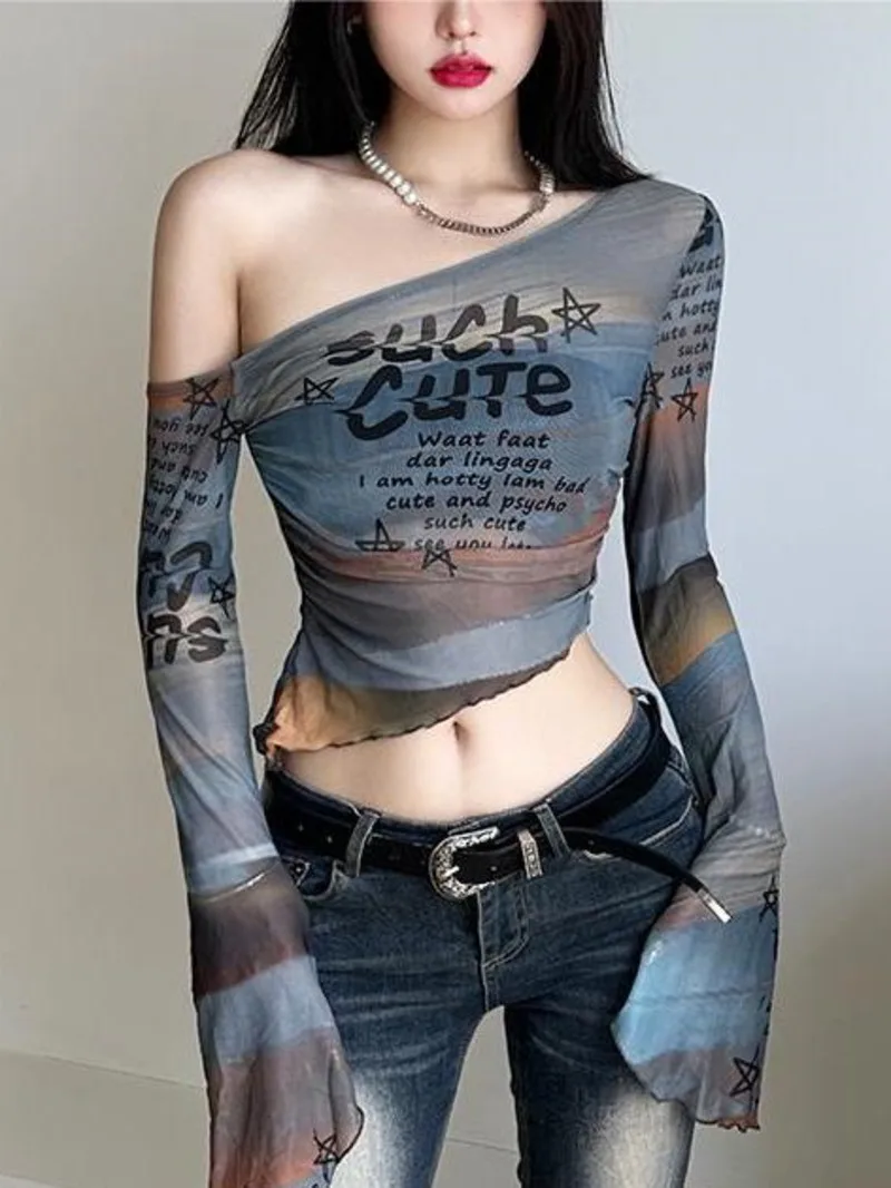 

Long Sleeved Spicy Girl One Line Neck Short Waist Slim New Printed Mesh Bottom Top Women Tees Fashion Elegant Romantic 7WG0