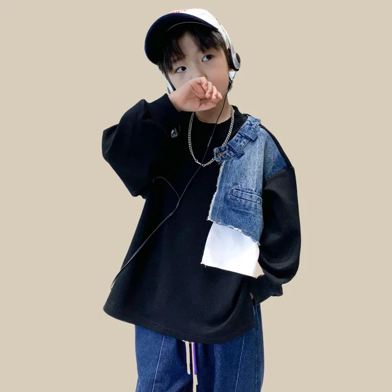 Boy Denim Sweatshirt Stitching Denim Outerwear For Kids Children Pullover 2024 Spring Autumn Teenager Windbreaker Korean Version
