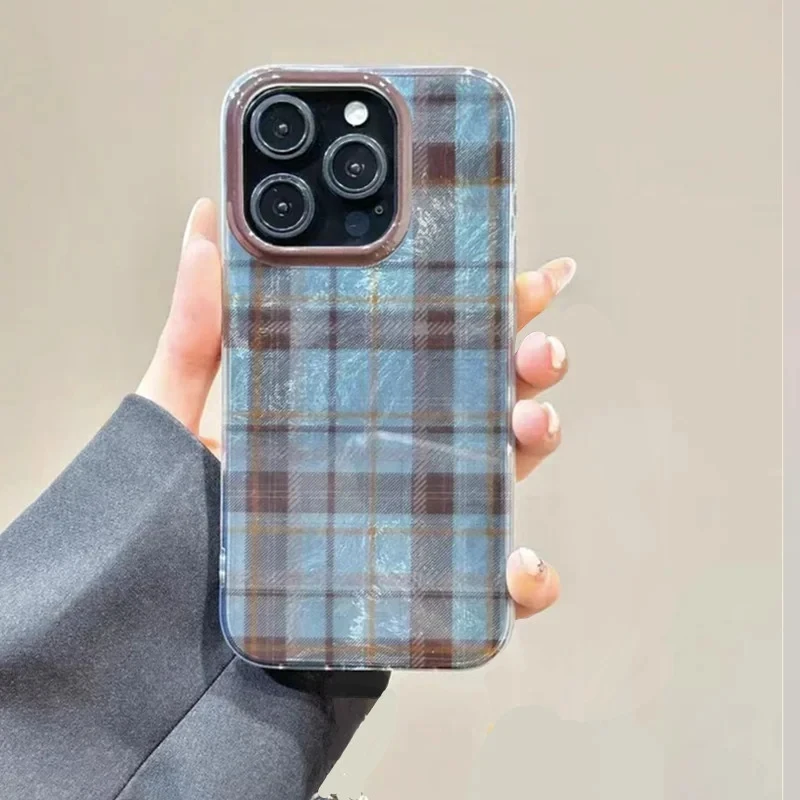 Dopamine Color Block Plaid Matte Phone Case with Grid Label Design