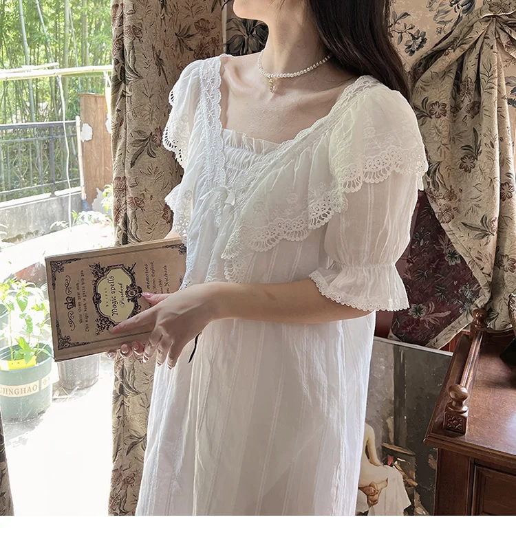 Palace princess style short-sleeved nightdress women's summer thin cotton cotton white pajamas lace edge home service