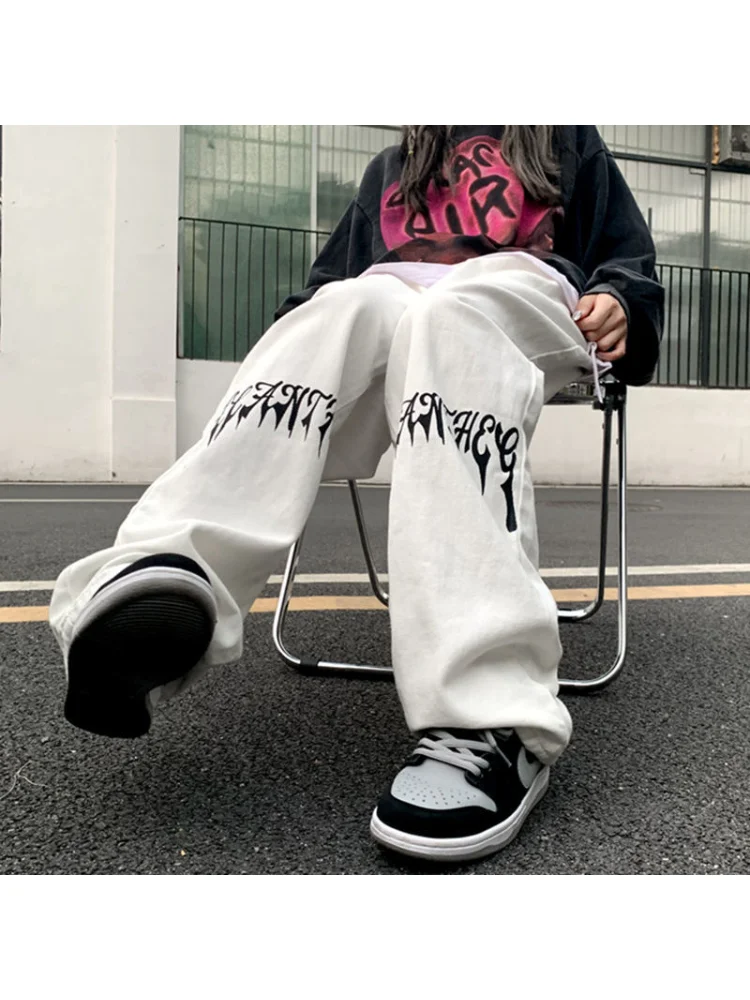 HOUZHOU Gothic Grunge White Baggy Jeans Women Oversize Streetwear Print Wide Leg Denime Pants Harajuku Black Trousers Female