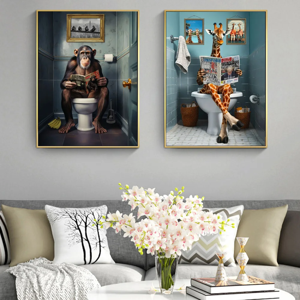 Обезьяна и Жираф на стене унитаза, искусство животных