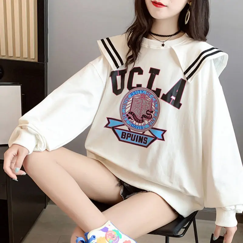 Admiral Collar Hoodie Girl Korean Ulzzang Tops Fashion Women Cool Clothes Punk Harajuku Pullover Anime Sweatshirt Femme