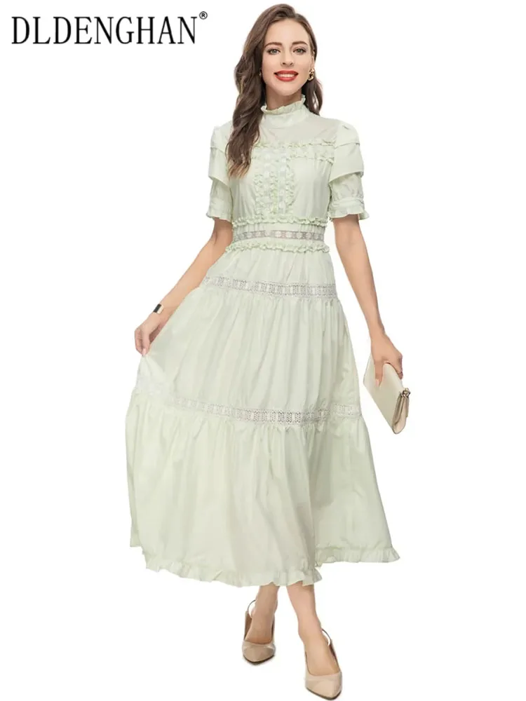 

DLDENGHAN Spring Summer Dress Women Stand Collar Short Sleeve Hollow Out Embroidery Ruffles Vintage Party Dresses Runway New