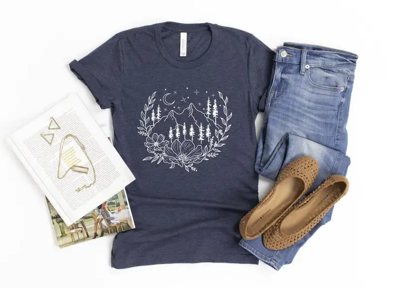 

Mountain Shirt, Floral Camping Travel Hiking Outdoor Adventure Floral Nature 100% Cotton Neck Female Short Sleeve Top Tees y2k