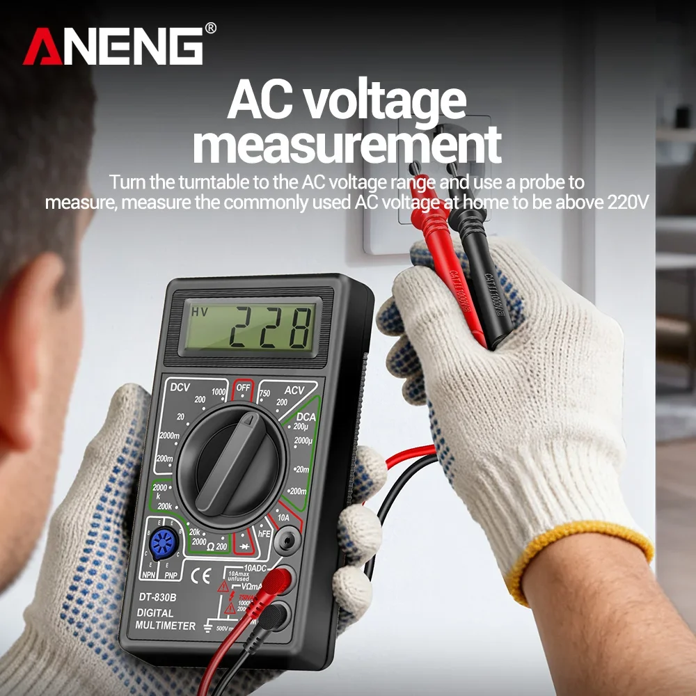 Testeur AC/DC ANENG DT-830B en cours d'utilisation sur un circuit électrique, affichage des valeurs