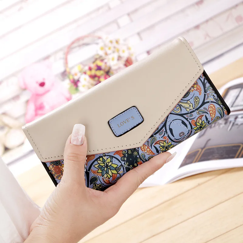 Women PU Leather Wallet Portable Practical Waterproof Floral Print Button Closure Handbag Card Holder Purses Storage Bags