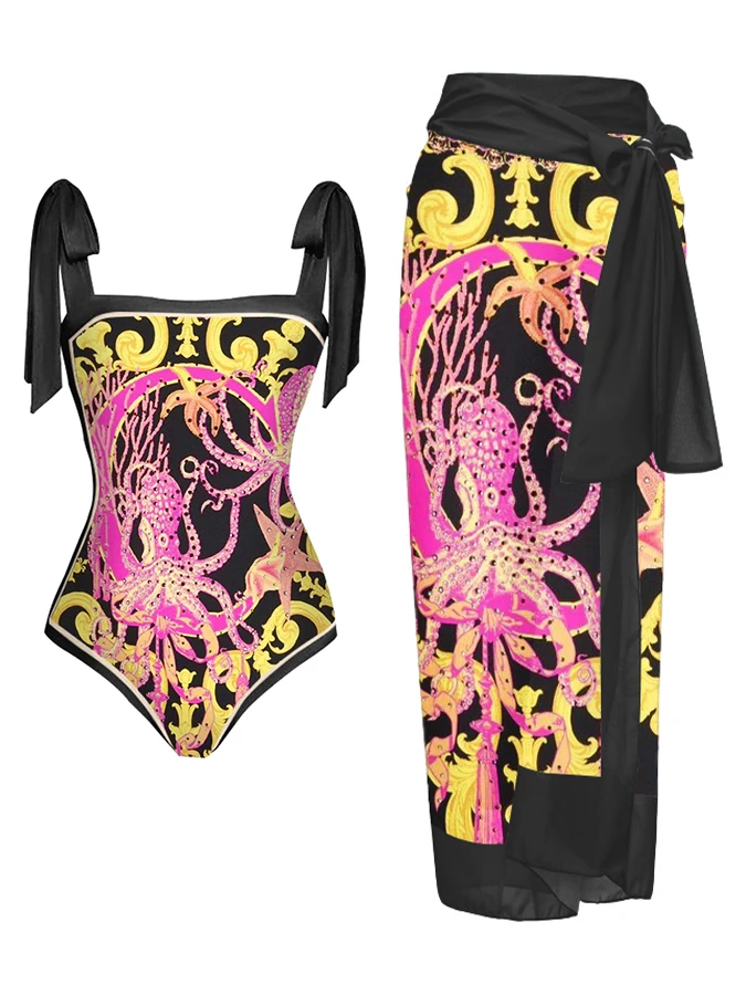 

Fashion Octopus Print One-piece Swimsuit Sexy Beach Swimwear Fashion Strapless Backless Beach Bodysuit Tie Blouse Pre-sale 2023