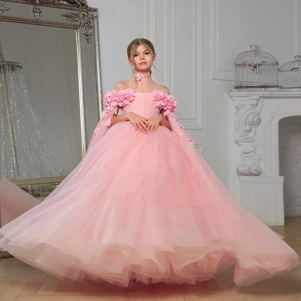 

Tulle Puffy With 3d Applique Flower Girl Dresses For Birthday 2023 Summer Wedding Party Prom Ball Gowns First Communion Wear