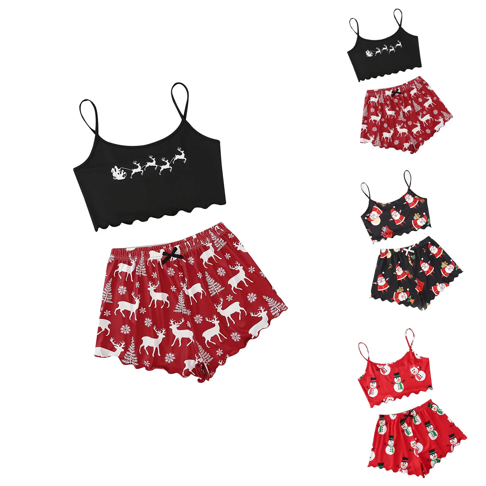 

Women Christmas Pajamas Set 2 Pieces Loungewear Suits Elk Snowflake Print Camisoles Tank Tops And Shorts Sleepwear Outfits Gifts