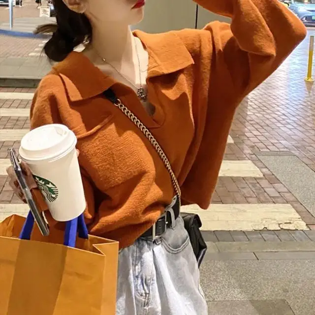 

Korean Fashion V-Neck Knitted Pullover Autumn Winter Clothes Loose Thick Short Sweater Women Pockets Orange Chic Sweaters New