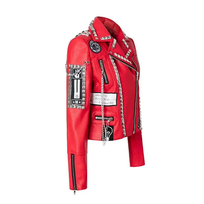 Red Cropped Leather Jacket for Women 2024 Trend Rock Punk Style Streetwear Motorcycle Printed Faux Leather Studded Jacket